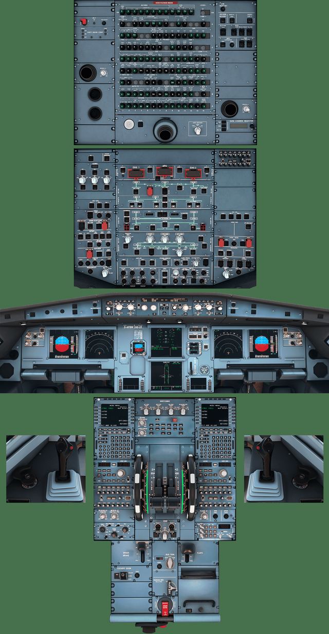 Rozložené panely kokpitu A320: overhead, predný panel a pedestal