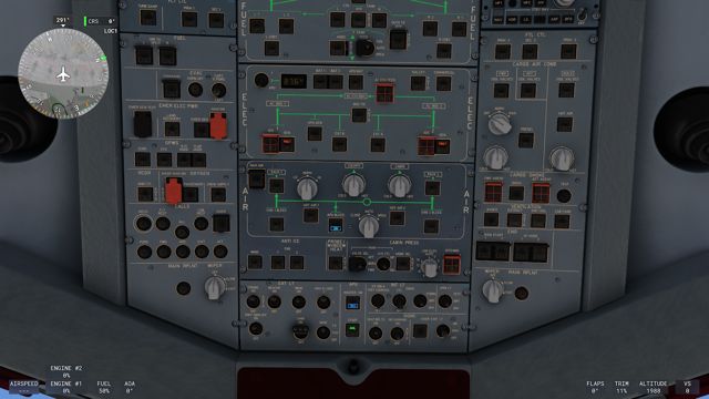 Overhead (strop): APU, hydraulika, palivo, elektrika, klimatizácia