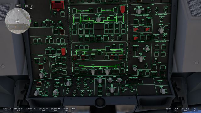 Overhead (strop): elektrika, palivo, hydraulika (podsvietené)